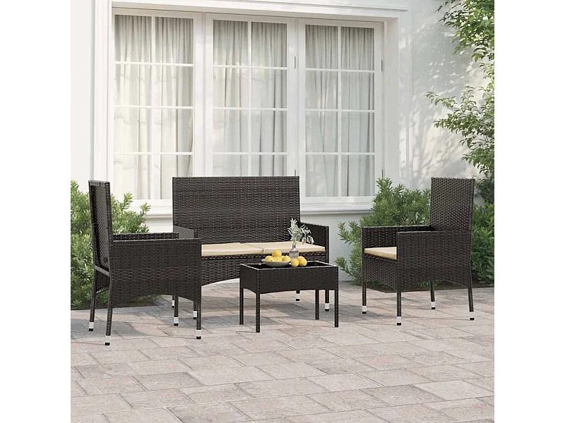 4-delige Loungeset met kussens poly rattan zwart