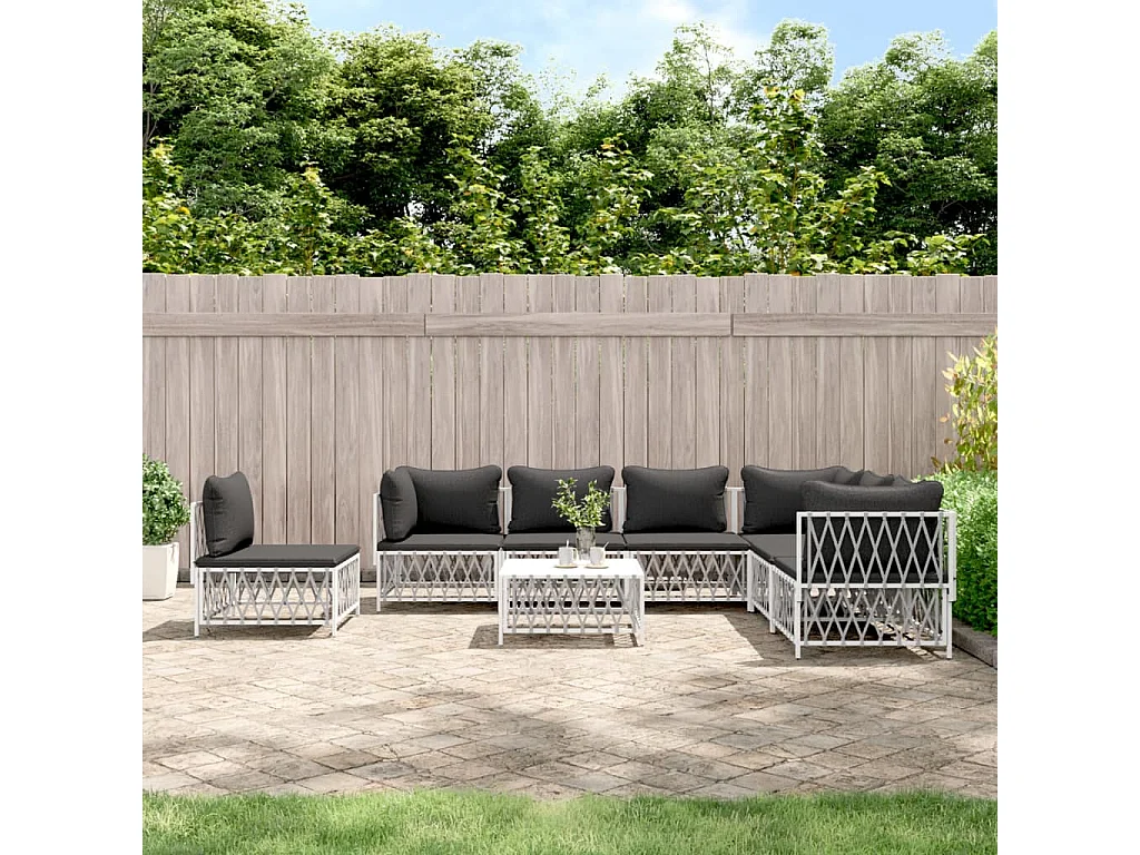8 pcs conjunto lounge de jardim com almofadões aço branco