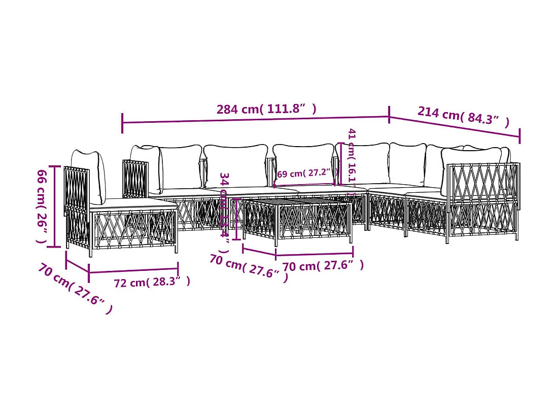 8 pcs conjunto lounge de jardim com almofadões aço branco