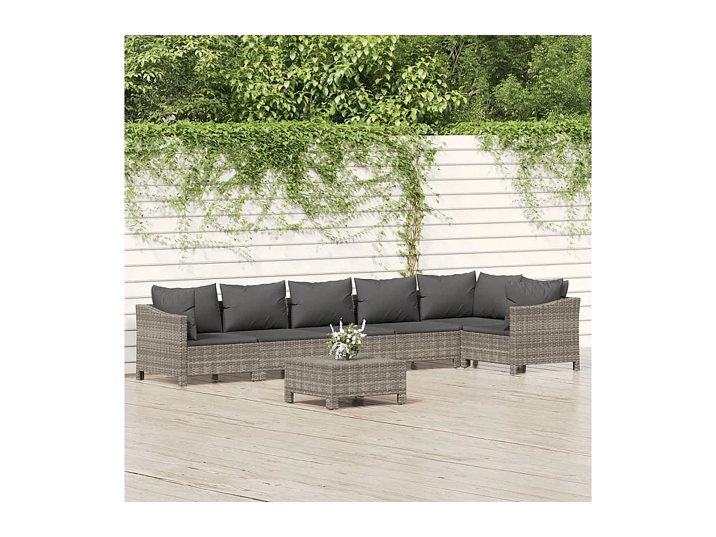Salon de jardin 7 pcs avec coussins Gris Résine tressée