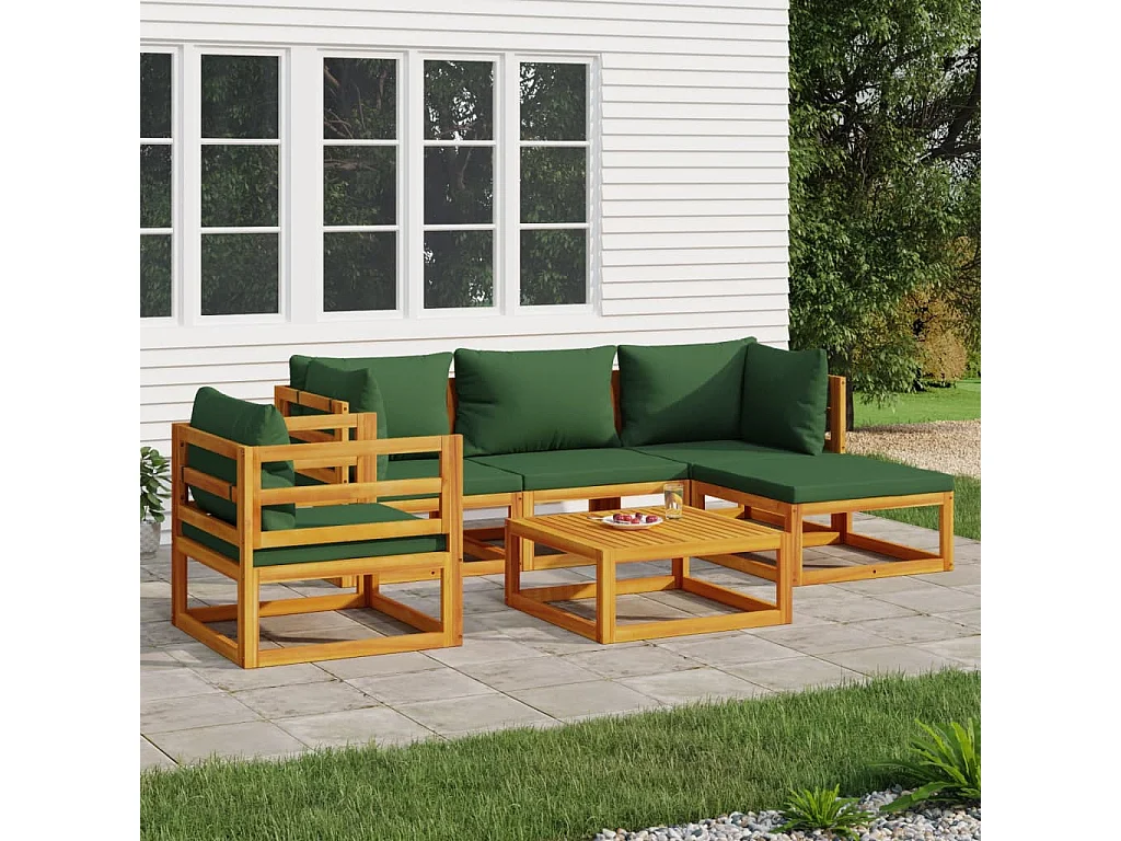 Set Salotto da Giardino 6pz con Cuscini Verdi in Legno Massello