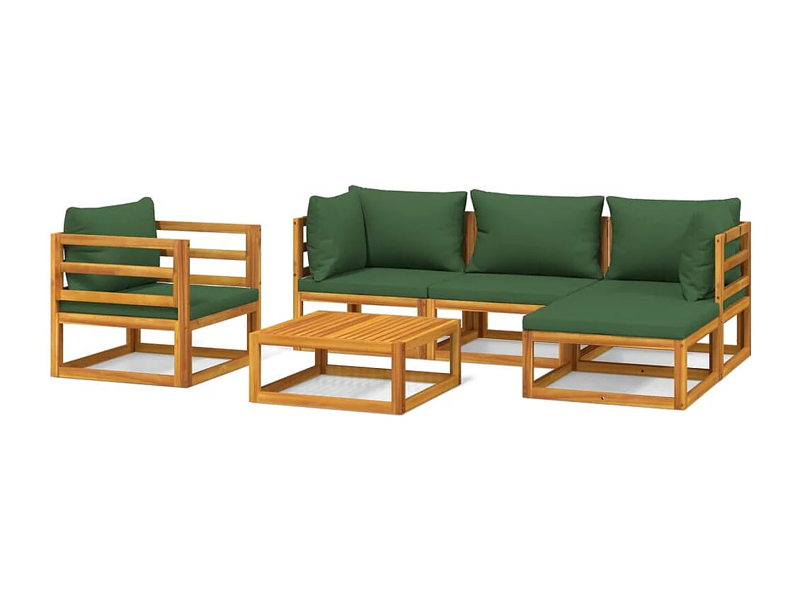 Set Salotto da Giardino 6pz con Cuscini Verdi in Legno Massello