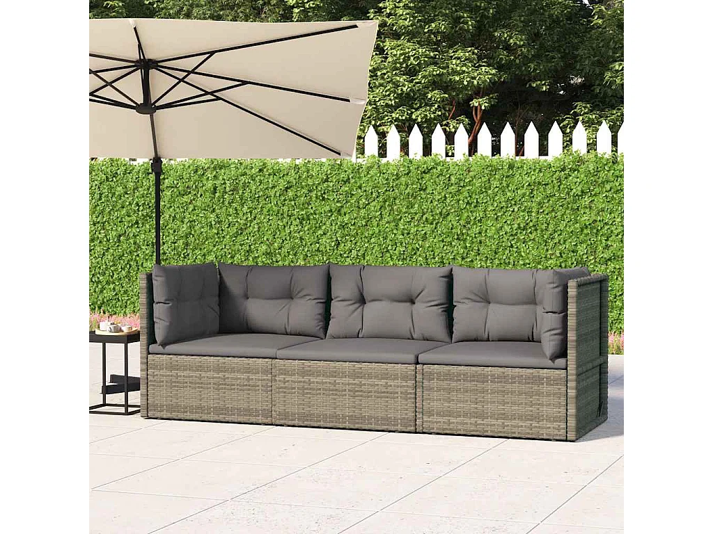 3 pcs conjunto lounge de jardim c/ almofadões vime PE cinzento