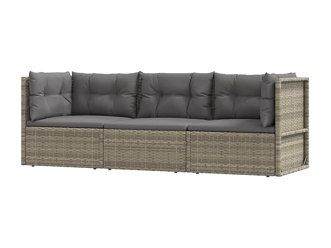 3 pcs conjunto lounge de jardim c/ almofadões vime PE cinzento