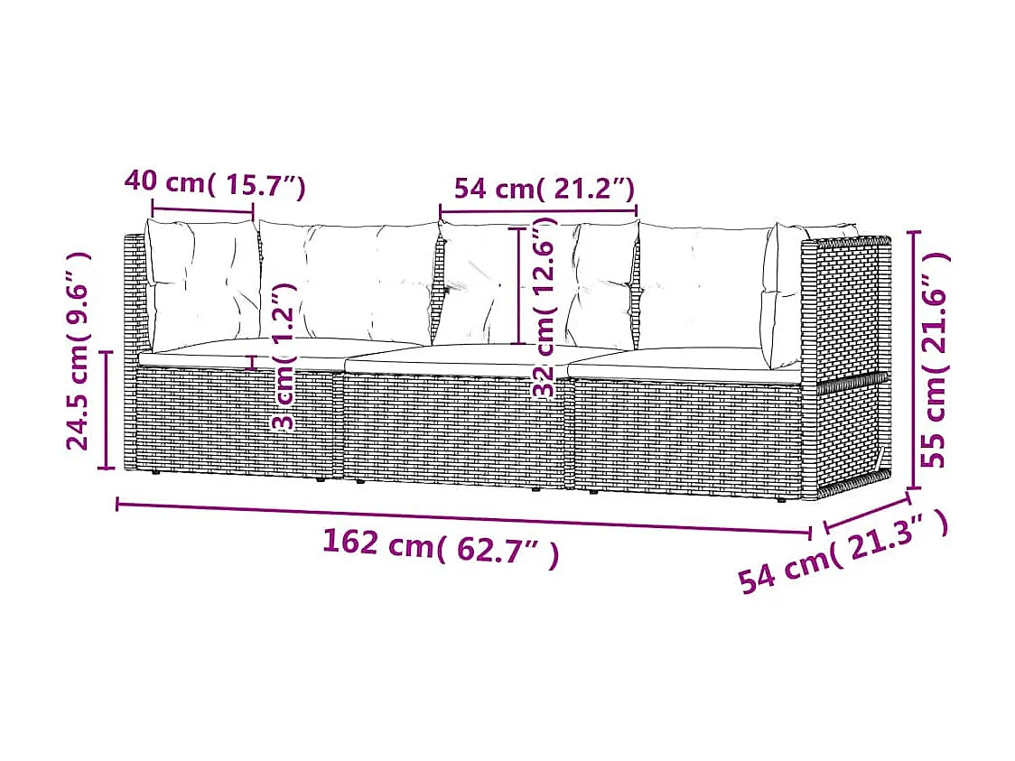 3 pcs conjunto lounge de jardim c/ almofadões vime PE cinzento