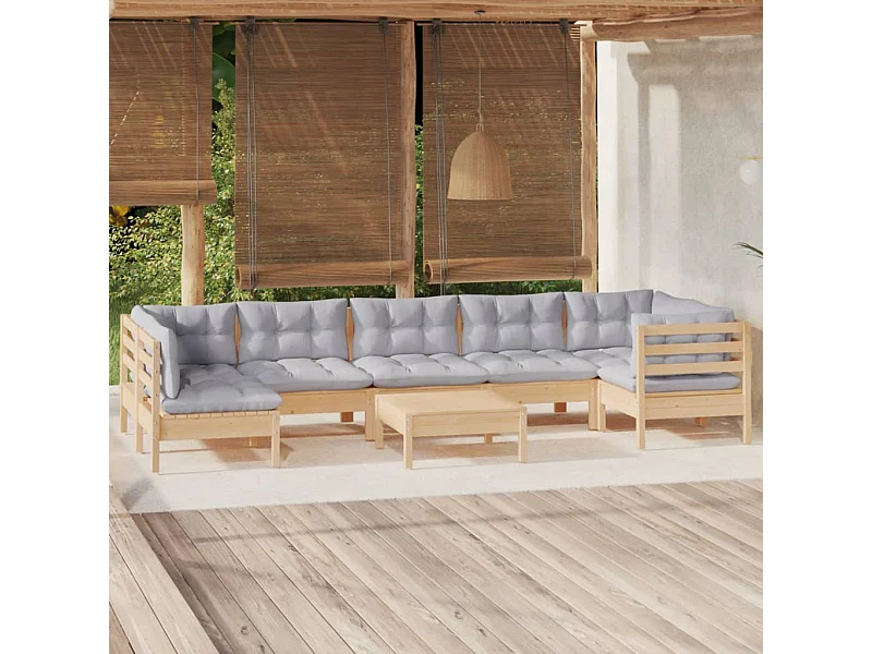 8-tlg. Garten-Lounge-Set mit Grauen Kissen Kiefernholz