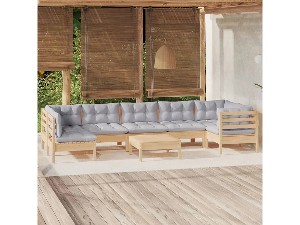 Salon de jardin 8 pcs avec coussins gris Bois de pin