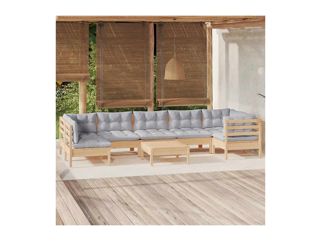 8-tlg. Garten-Lounge-Set mit Grauen Kissen Kiefernholz