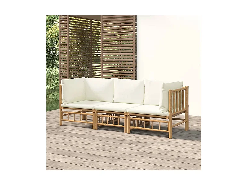 3-tlg. Garten-Lounge-Set mit Cremeweißen Kissen Bambus
