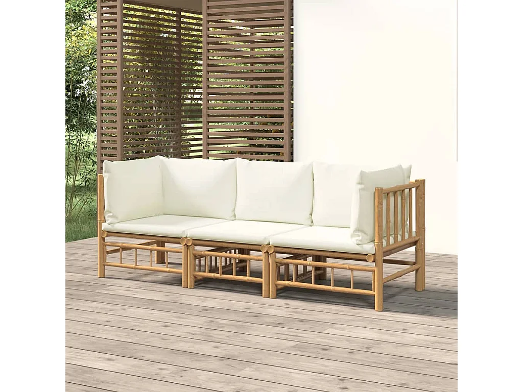 Salon de jardin 3 pcs avec coussins blanc crème bambou