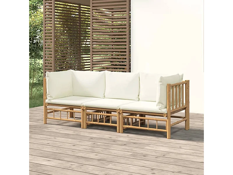 Salon de jardin 3 pcs avec coussins blanc crème bambou
