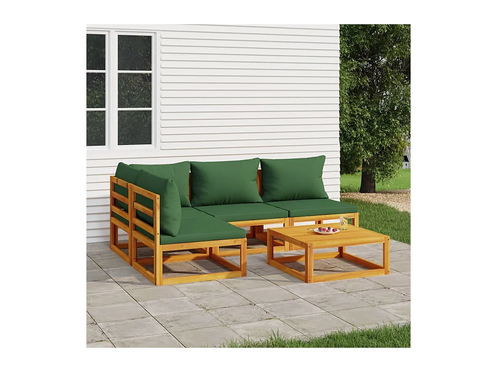 Salon de jardin 5 pcs avec coussins vert bois massif