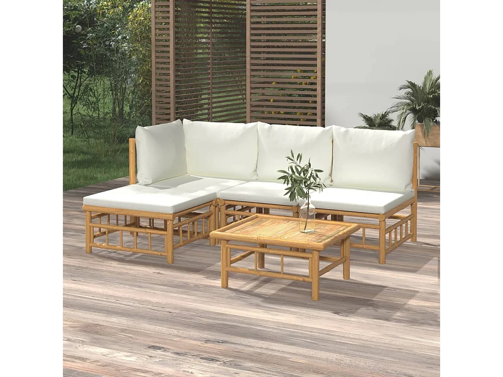 5-tlg. Garten-Lounge-Set mit Cremeweißen Kissen Bambus