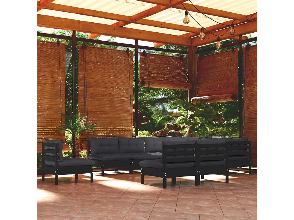 Salon de jardin 10 pcs avec coussins Noir Bois de pin massif