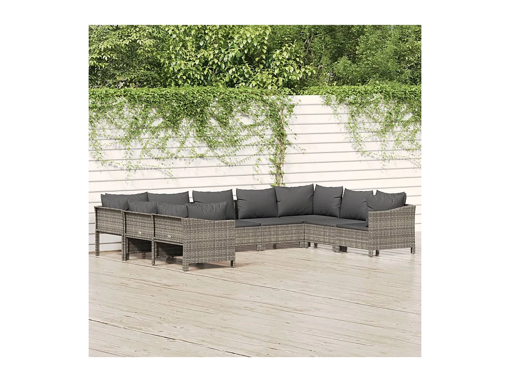 Salon de jardin 9 pcs avec coussins Gris Résine tressée