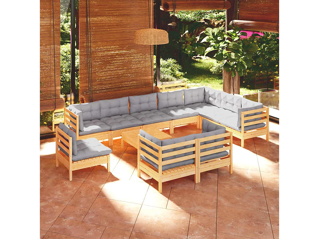 11-tlg. Garten-Lounge-Set mit Grauen Kissen Kiefer Massivholz