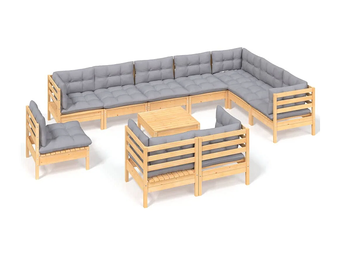 11-tlg. Garten-Lounge-Set mit Grauen Kissen Kiefer Massivholz