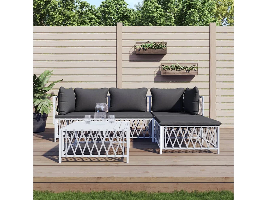 Salon de jardin avec coussins 5 pcs blanc acier