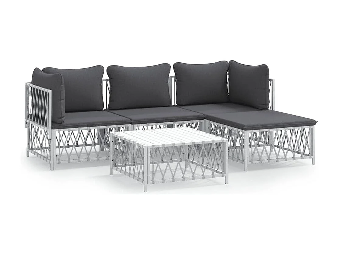 Salon de jardin avec coussins 5 pcs blanc acier