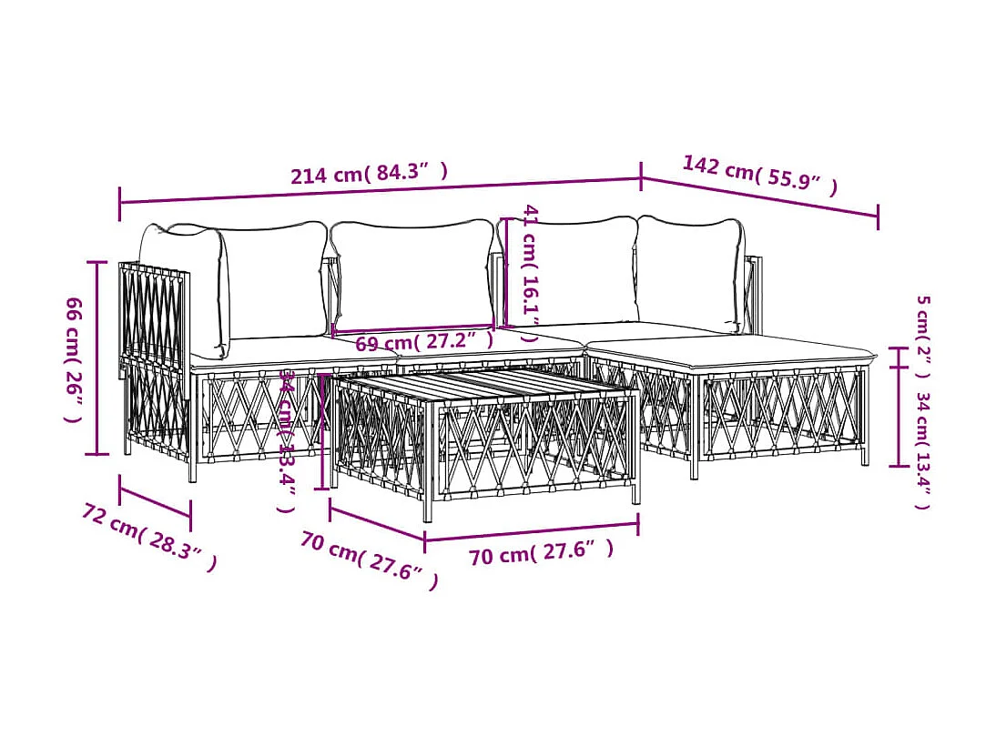 Salon de jardin avec coussins 5 pcs blanc acier