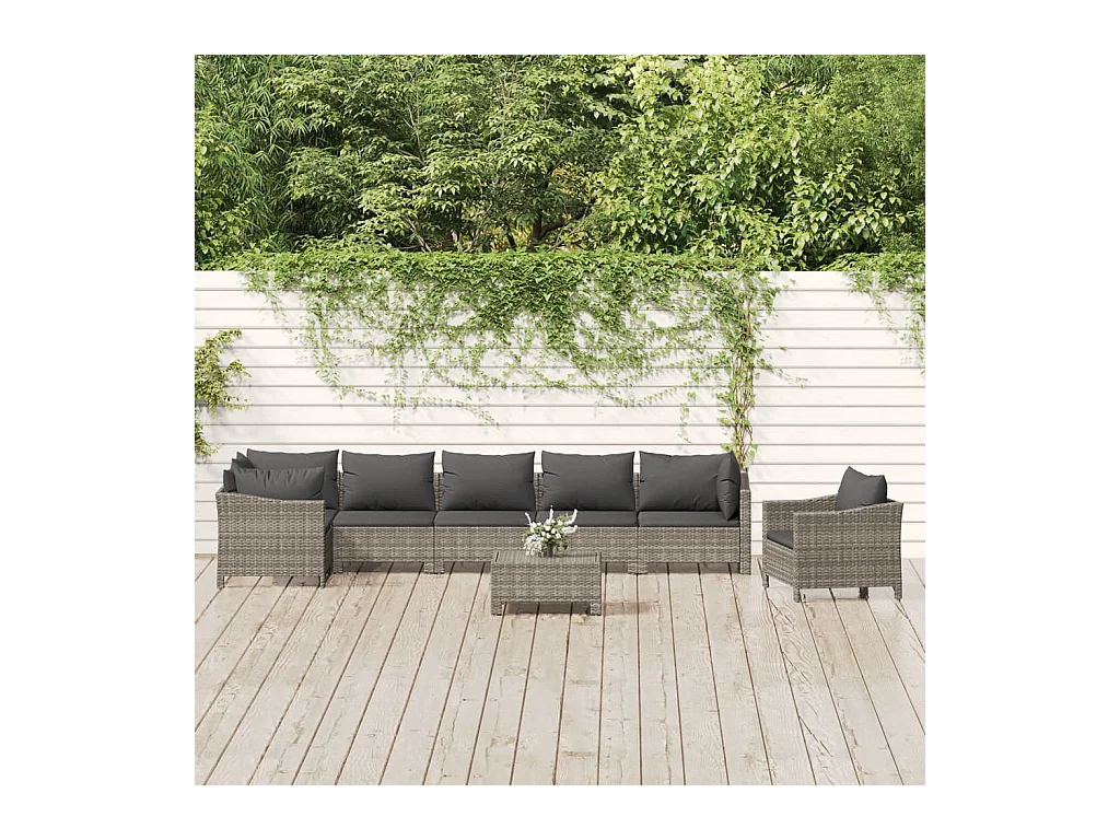Salon de jardin 8 pcs avec coussins Gris Résine tressée