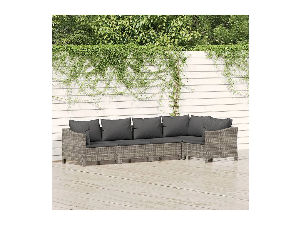 Salon de jardin 5 pcs avec coussins Gris Résine tressée