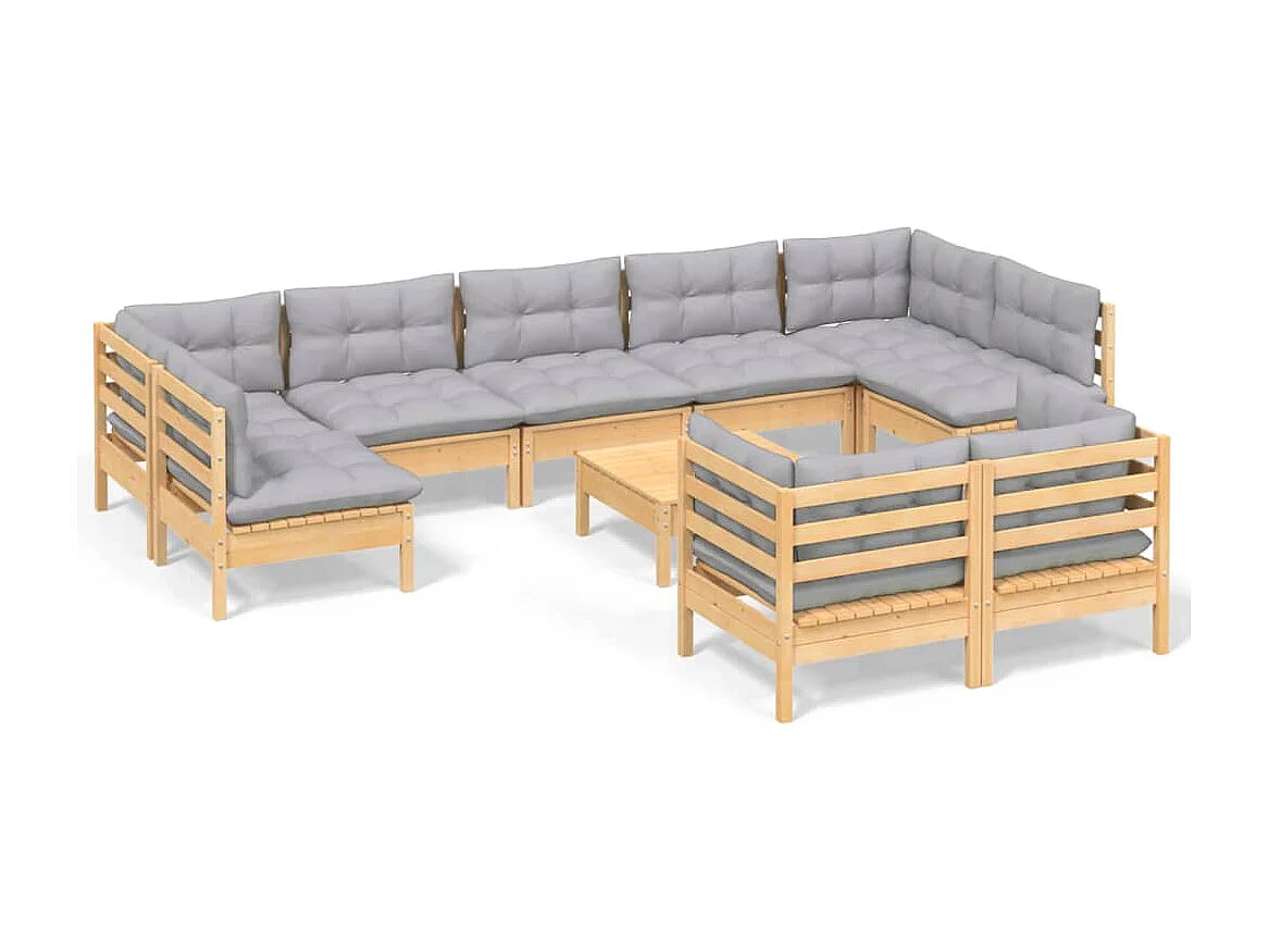 Salon de jardin 10 pcs avec coussins gris bois de pin massif