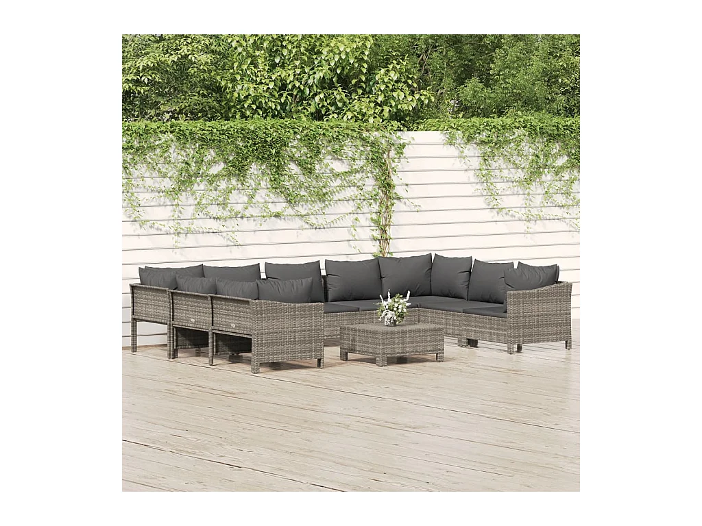 Salon de jardin 10 pcs avec coussins Gris Résine tressée
