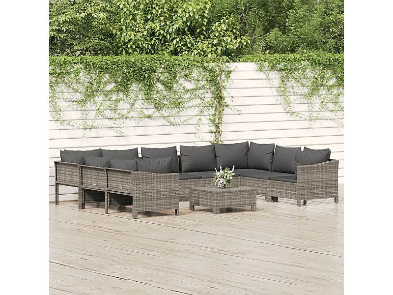 Salon de jardin 10 pcs avec coussins Gris Résine tressée