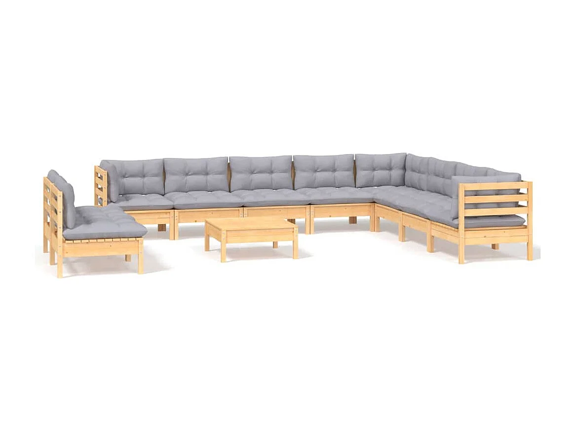 11pcs conjunto lounge de jardim + almofadões cinza pinho maciço