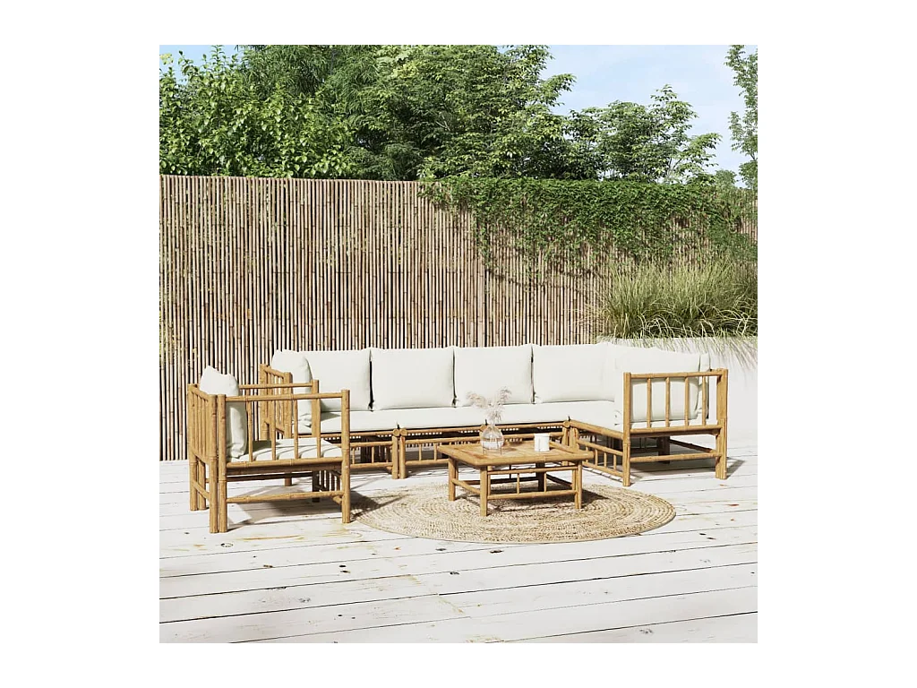 Salon de jardin 7 pcs avec coussins blanc crème bambou