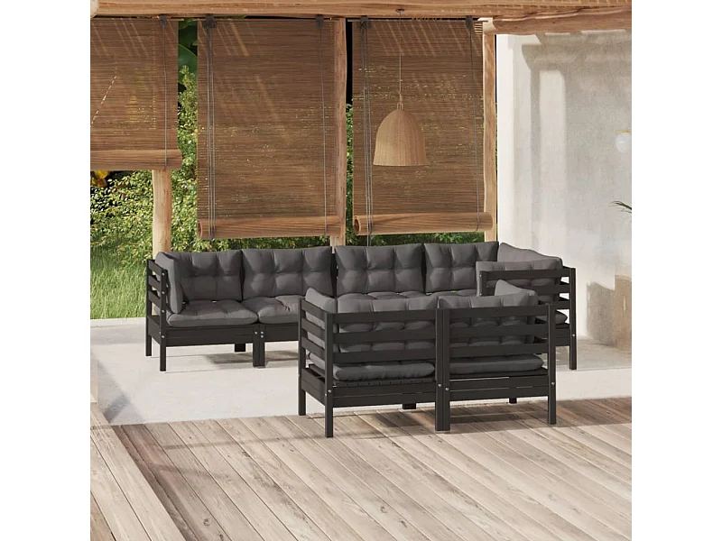 7-tlg. Garten-Lounge-Set mit Kissen Schwarz Massivholz Kiefer