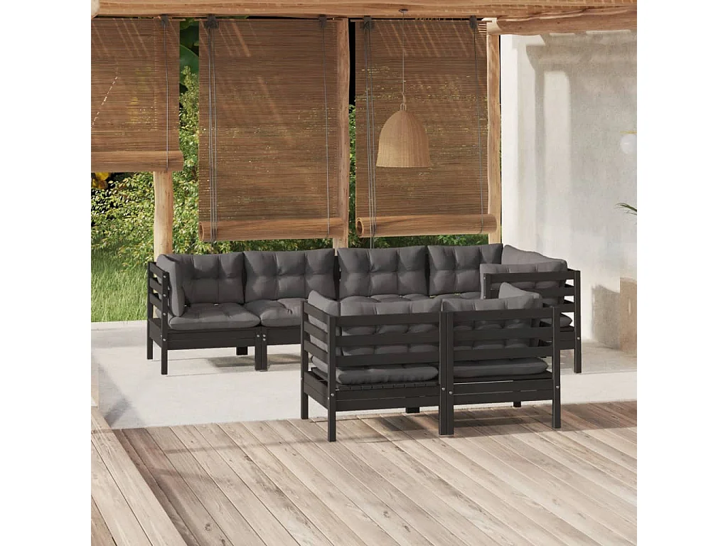 Salon de jardin 7 pcs avec coussins Noir Bois de pin massif