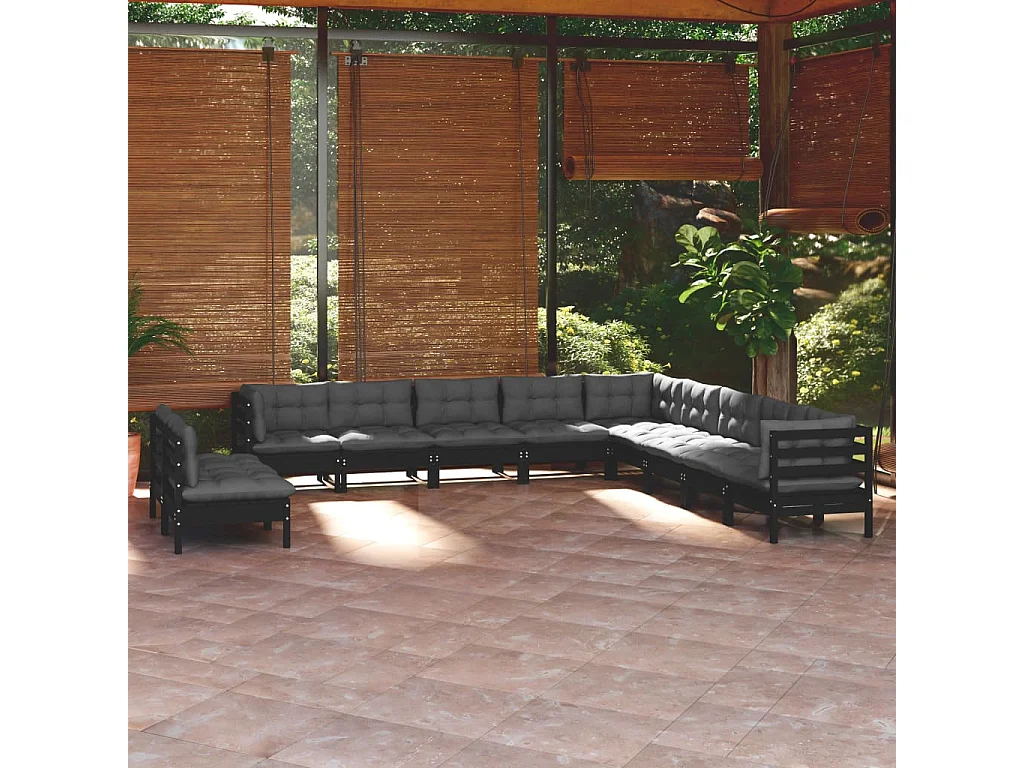 11-tlg. Garten-Lounge-Set mit Kissen Schwarz Massivholz Kiefer