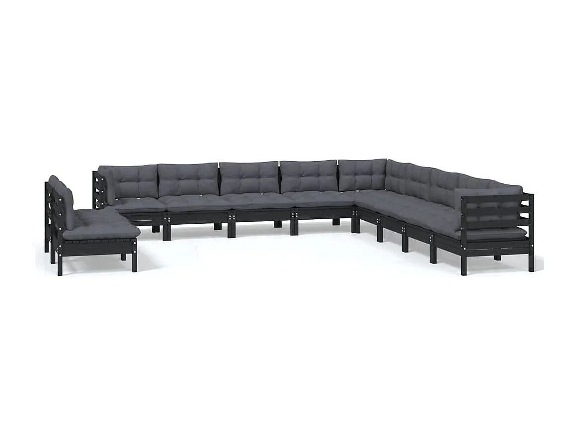 11-tlg. Garten-Lounge-Set mit Kissen Schwarz Massivholz Kiefer
