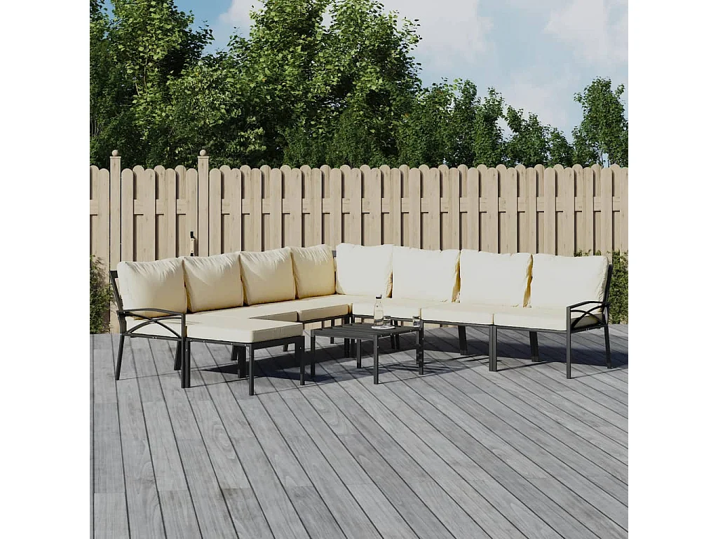 Salon de jardin 9 pcs avec coussins sable acier