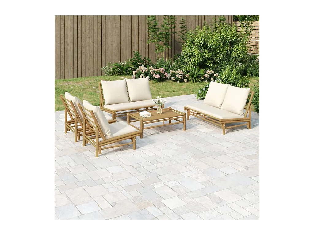 Salon de jardin 5 pcs avec coussins blanc crème bambou