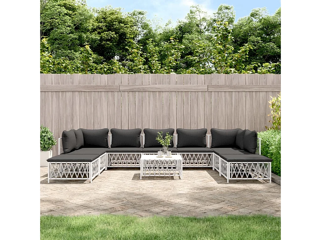 10-tlg. Garten-Lounge-Set mit Kissen Weiß Stahl