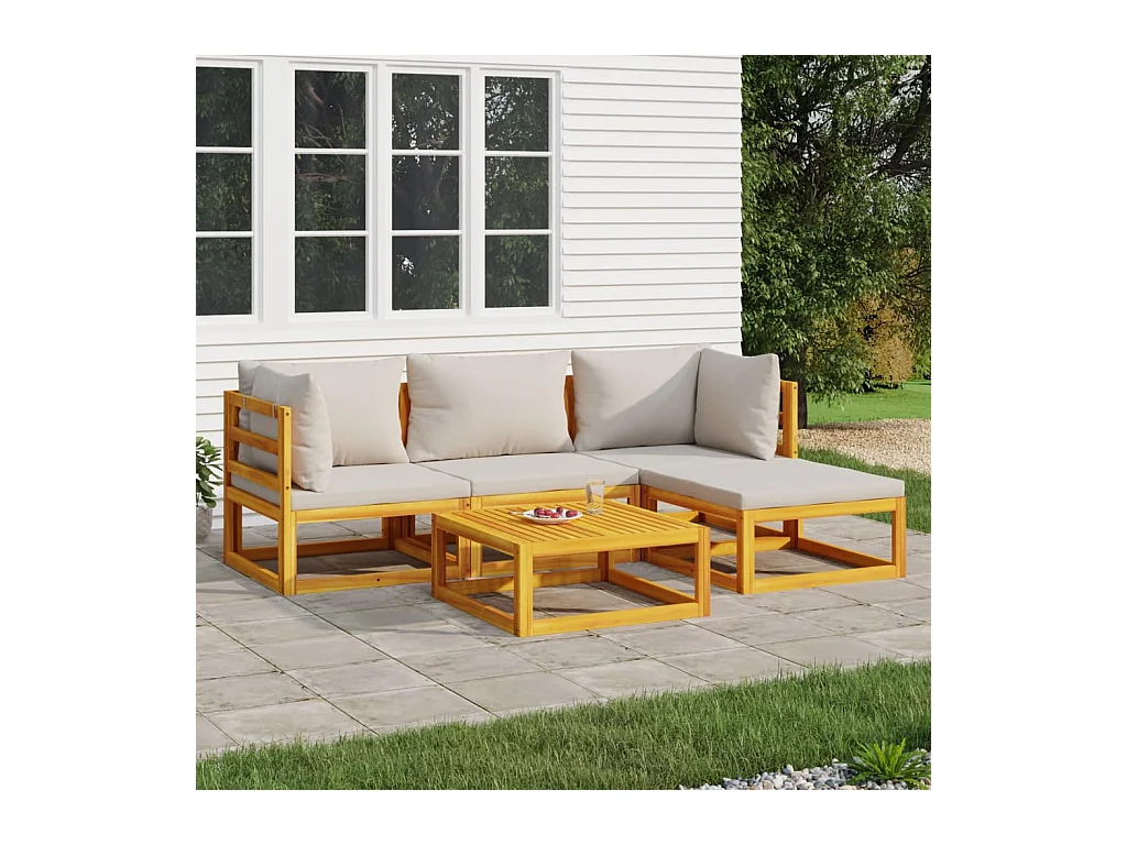 Salon de jardin 5 pcs avec coussins gris clair bois massif