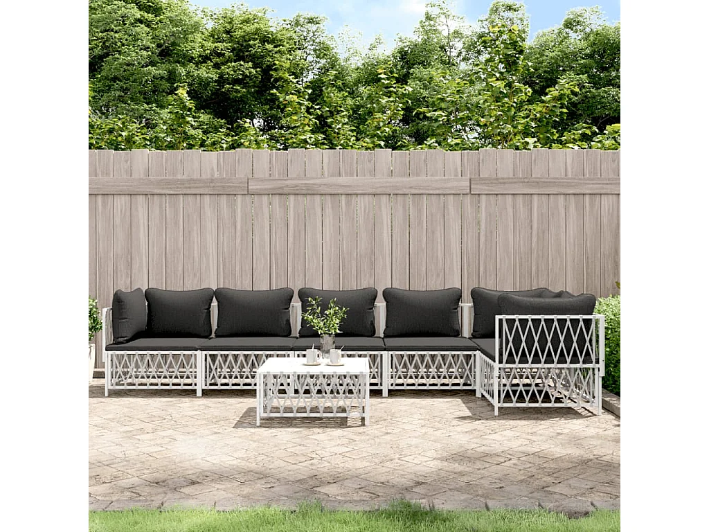 Salon de jardin 7 pcs avec coussins blanc acier