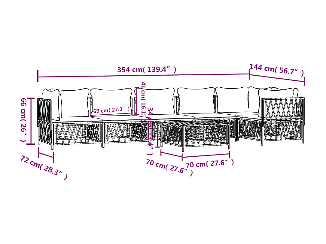 Salon de jardin 7 pcs avec coussins blanc acier
