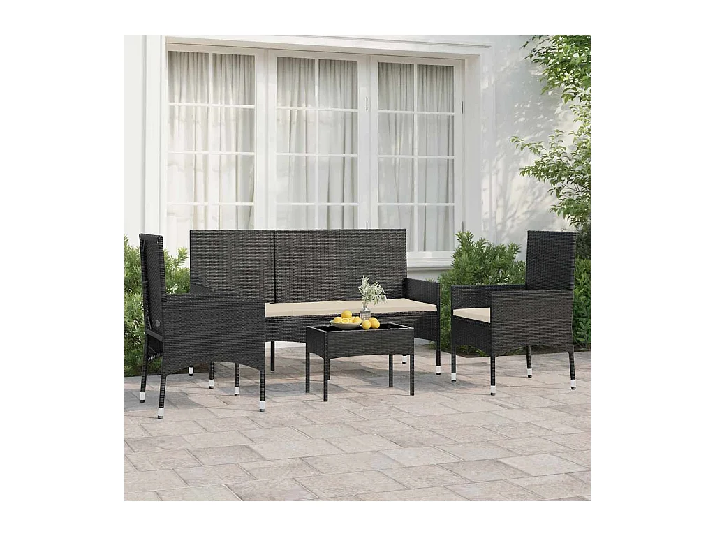 Salon de jardin 4 pcs avec coussins Noir Résine tressée