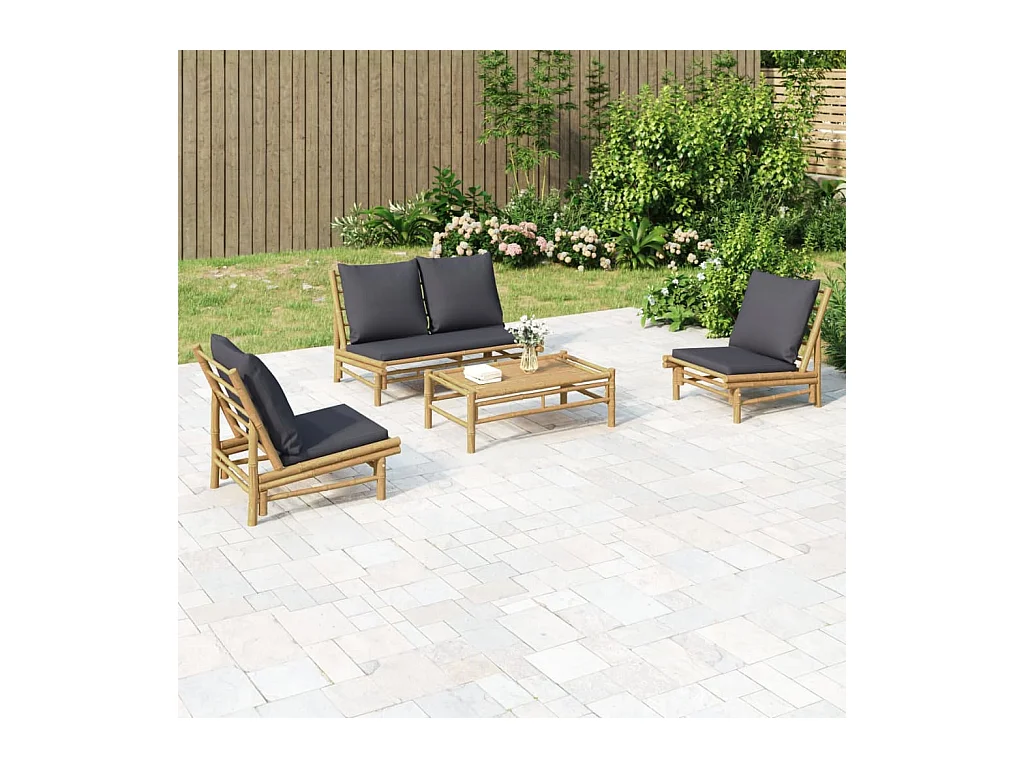 Salon de jardin 4 pcs avec coussins gris foncé bambou