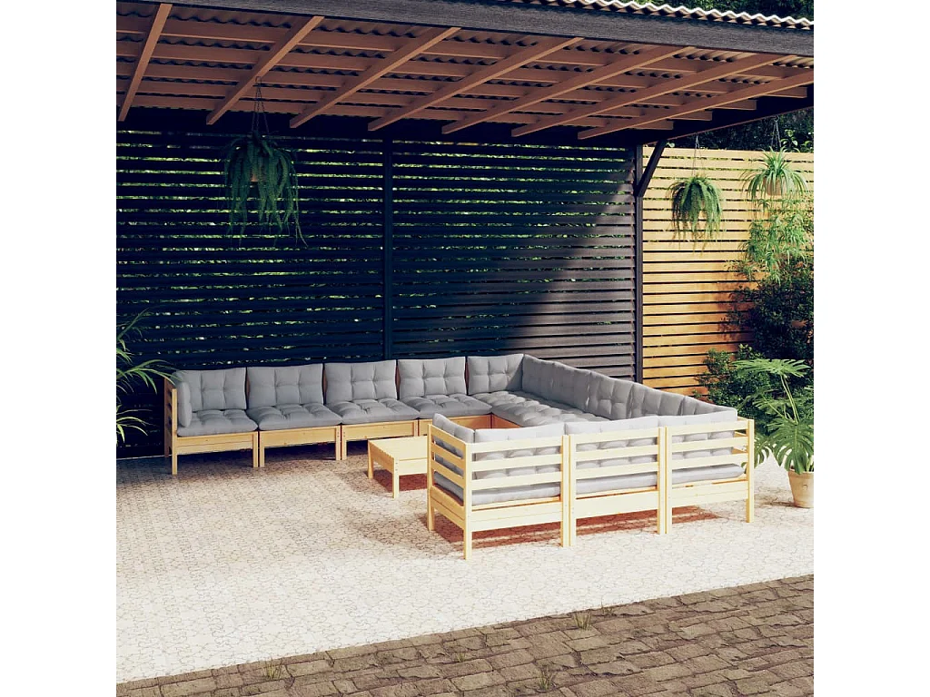 Salon de jardin 12 pcs avec coussins gris Bois de pin