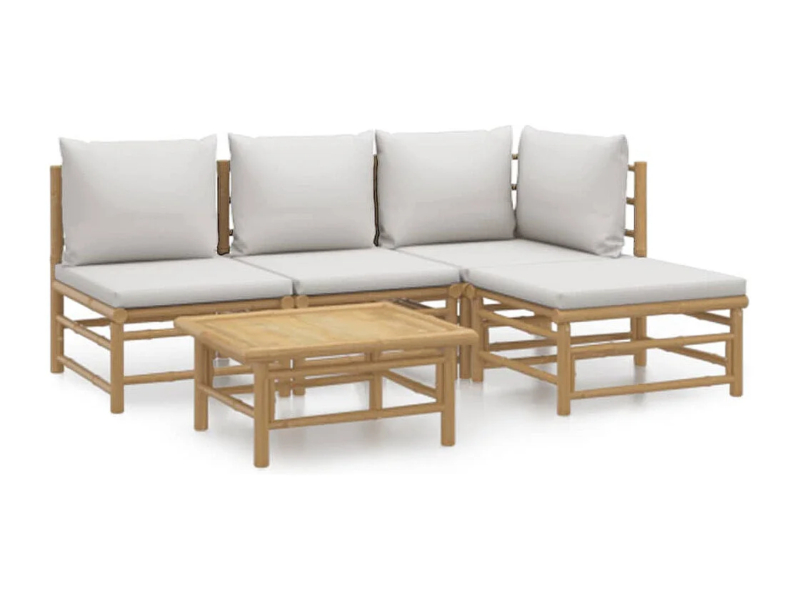 Set Salotto da Giardino 5pz con Cuscini Grigio Chiaro Bambù
