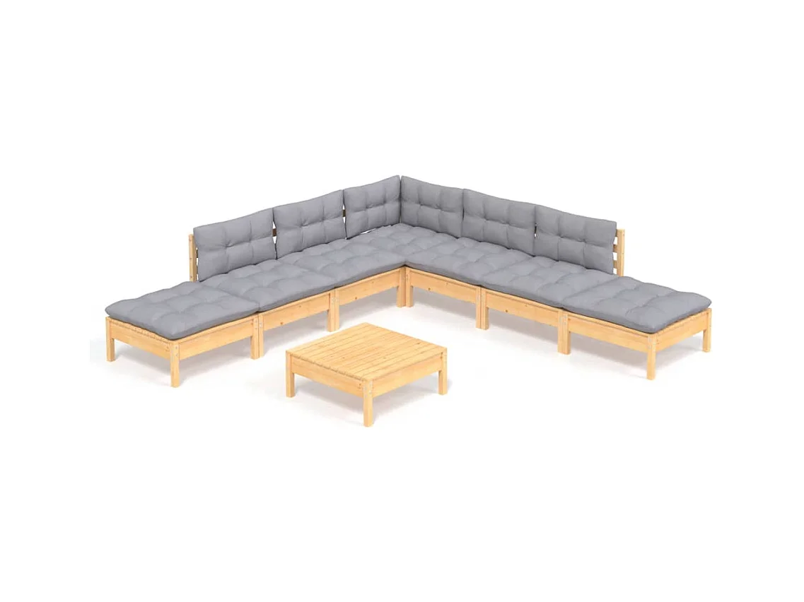 Salon de jardin 8 pcs avec coussins gris Bois de pin