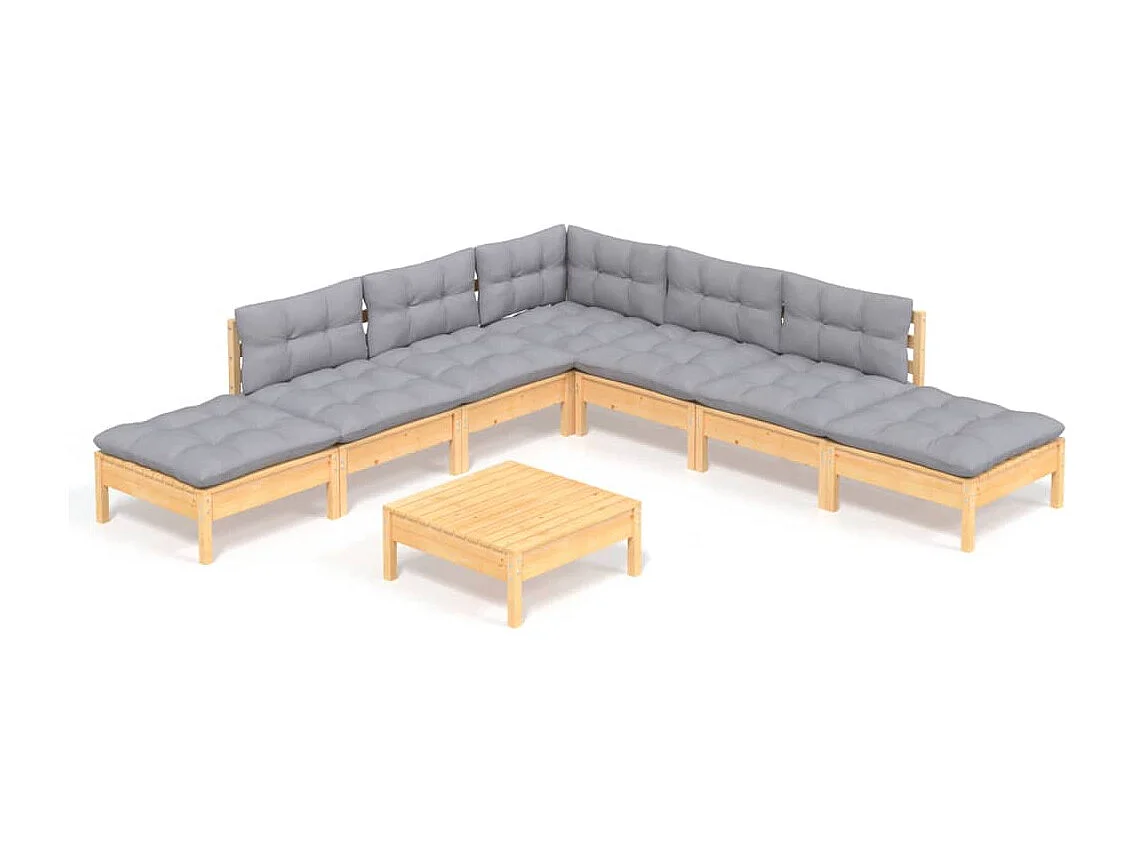 8-tlg. Garten-Lounge-Set mit Grauen Kissen Kiefernholz