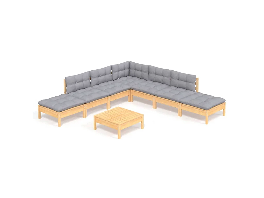 Juego de muebles de jardín 8 pzas y cojines madera pino gris