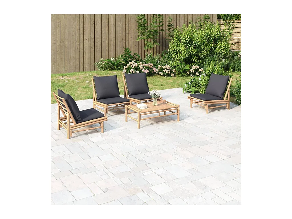 Salon de jardin 5 pcs avec coussins gris foncé bambou