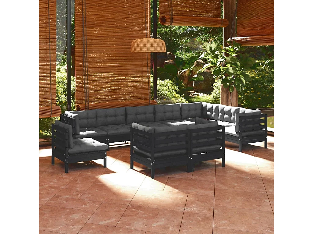 10 pcs conjunto lounge jardim c/ almofadões pinho maciço preto